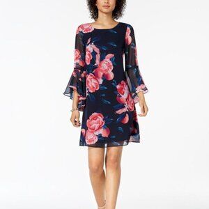 Nine West Floral Print Bell-Sleeve Chiffon Midi Dress | Size 16 | Blue & Pink